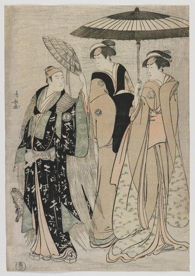 Die Schauspieler Sujuro III als Minamoto no Yoritomo, Nakamura Riko als Kiyotaki, Yamashita Mangiku als Masa, Edo-Periode, 1784 von Torii Kiyonaga